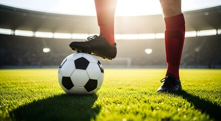 Close up of a soccer player s cleated foot resting on a soccer ball on a stadium field