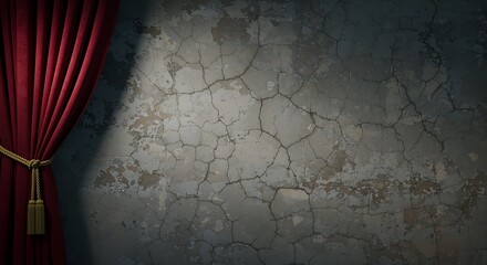Red curtain against cracked wall creating dramatic theater atmosphere backdrop