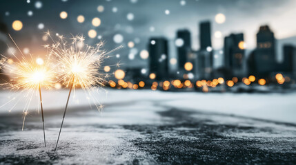 Sparklers glowing in fresh white snow against a defocused city skyline and bokeh lights, capturing a festive winter atmosphere