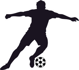 Soccer player silhouette dribbling ball with arms extended for balance on white