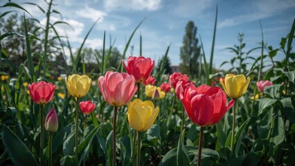 Fototapeta premium Colorful tulips in a garden with green leaves and a bright blue sky.