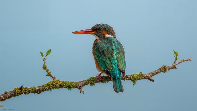 A colorful kingfisher bird perched on a moss-covered branch against a clear sky background.