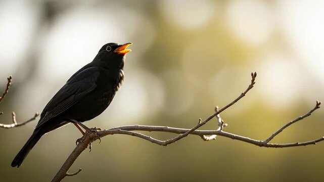 Animated blackbird vocalizing on twig, spring ambience, a close up view