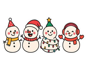 A fun cartoon snowman and Christmas tree illustration with snow, winter hat, and scarf for the holiday season