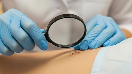 Dermatologist examining skin lesions using magnifying glass closeup. medical attention highlights precision in dermatology.