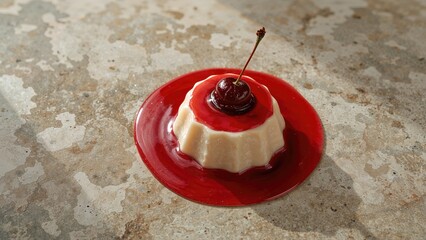 A cherry-topped panna cotta with cherry syrup on a textured surface.