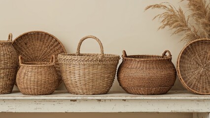 Fototapeta premium A set of woven wicker baskets of various shapes and sizes arranged on a white shelf with dried plants in the background.
