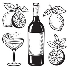 Vintage Lemon Fruit Set with Wine Bottle and Cocktail Glass — Black Line Art Vector