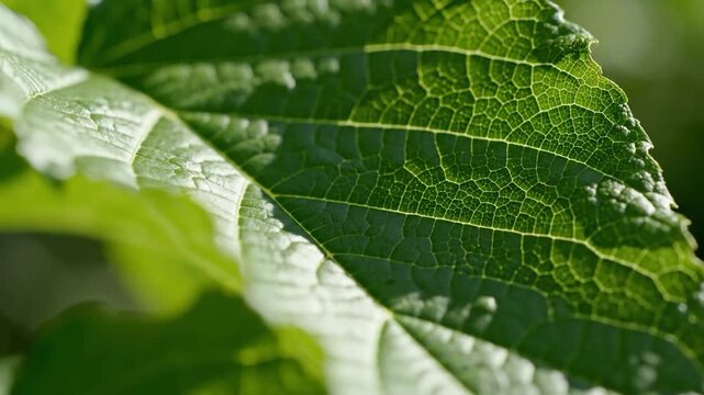 Closeup of a vibrant green leaf with intricate vein patterns