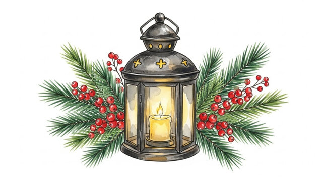 Elegant Christmas lantern with glowing candle and vibrant red berries nestled among lush green pine boughs bringing warmth and holiday cheer
