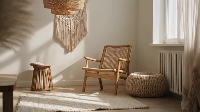 Cozy natural living room interior with wooden chair, woven decor, and warm sunlight