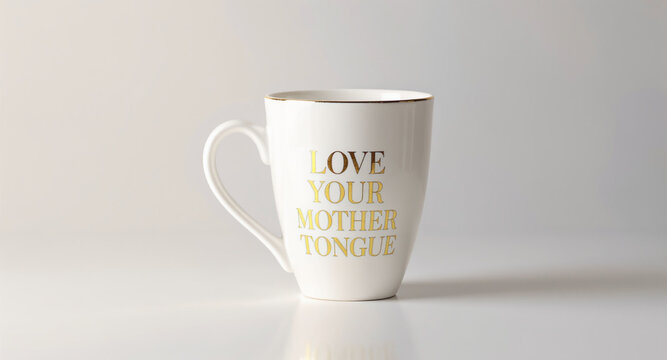 Elegant mug with golden letters reading 'Love Your Mother Tongue' for language learning campaigns and cultural appreciation, perfect for coffee lovers and heritage promotions