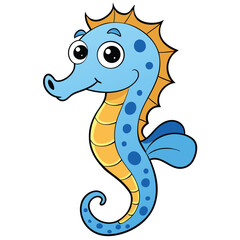 Fototapeta premium Cute Light Blue Cartoon Seahorse with Big Eyes on White Background Art