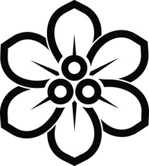 Symmetrical Six Petal Flower Outline Symbol Icon with Thick Black Stroke, Minimalist Geometric Floral Vector Graphic Design Element Isolated on White.
