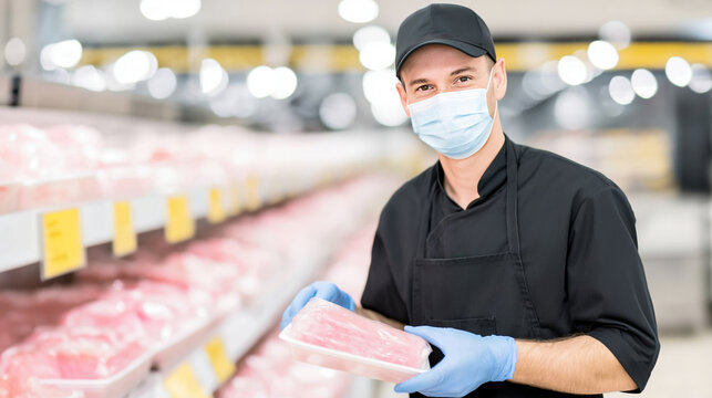 Retail worker wearing face mask and gloves stocking fresh meat products in supermarket butcher aisle
