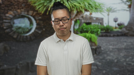 Young chinese man wearing white polo with closed eyes and slight frown on a street with stone wall and lush plants; quiet contemplation.