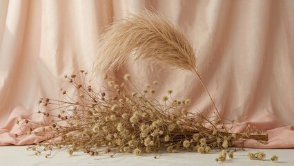A person laying their head on a table with dried flowers, against a pink fabric background, dated 1992.