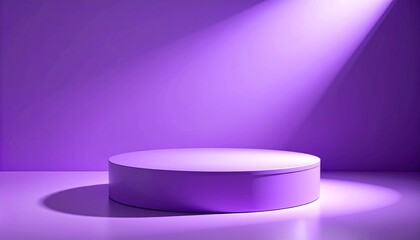 Purple circular podium under spotlight in monochromatic room with dramatic shadows and soft lighting.