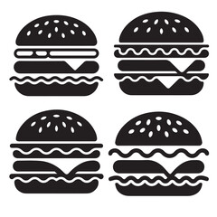 Burger Icon Set – Classic & Layered Hamburger Silhouettes Vector Pack