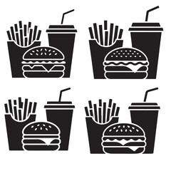 Burger, Fries & Drink Silhouette Icons – Minimal Fast Food Vector Collection