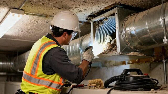 Worker inspecting and clearing obstructions inside an inceiling air duct system to ensure proper ventilation flow.
