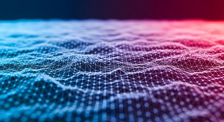 Abstract glowing digital wave network with blue and red light