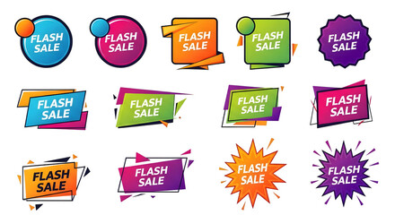 Flash sale badges set with vibrant gradients isolated on transparent background
