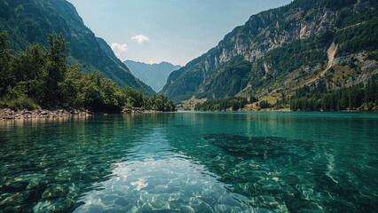 Landscape of mountain river in a valley with lush greenery and towering cliffs. Nature and scenery, outdoor adventure, tranquil environment.