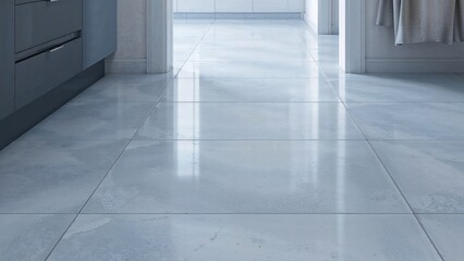 A modern interior space with large light-colored tiles on the floor, reflecting natural light from the open doorway.