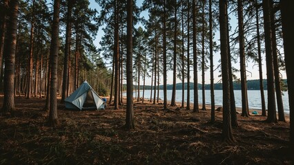 A tent set up in a forest by the water during daytime. Camping and nature, outdoor adventure. The scene of outdoor camping and wilderness exploration.