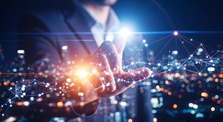 Businessman interacting with futuristic digital network overlay on city lights