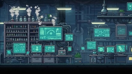 A pixelated sci-fi lab interior with computers, shelves, and machinery in a dark environment - Powered by Adobe