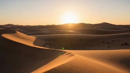 Golden Hour Desert Landscape A Serene View of Rolling Sand Dunes at Sunset with the Sun Glowing