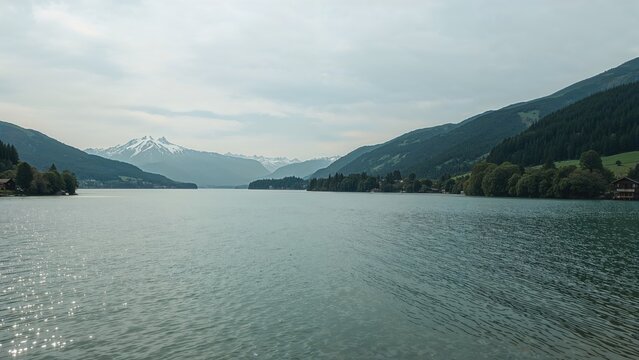 A serene lake surrounded by mountains with snow-capped peaks in the distance, under a cloudy sky.