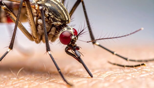 Close-up of mosquito feeding on human skin with detailed anatomy and dark background.