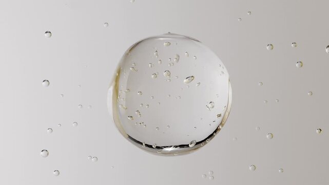 Oxygen bubbles merge into one sphere. Cell fusion, collagen synthesis or formula stabilization. Skin recovery and repair concept. hydrating skincare ads, mineral water or hyaluronic acid.