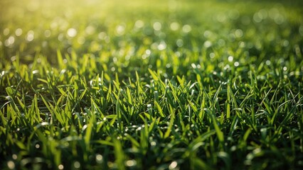 Lush green grass with dewdrops in the morning sunlight. Nature and outdoors, fresh and vibrant. The scene of a healthy, natural landscape. The concept of growth and freshness.