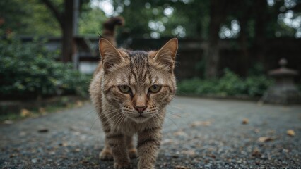 A close-up of a tabby cat walking outdoors on a gravel path with trees and a wooden fence in the background.