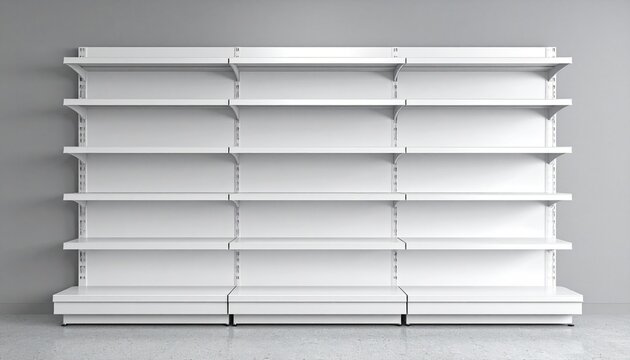 Empty white retail shelf with multiple horizontal rows against gray wall and reflective floor.