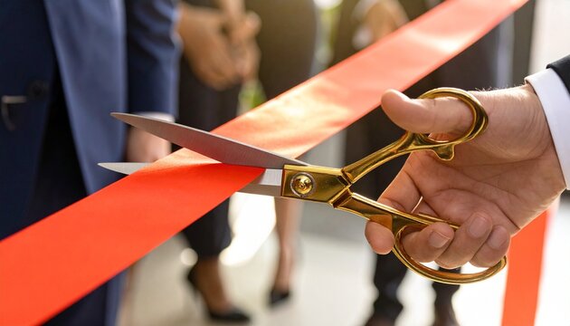 Golden scissors cutting red ribbon at formal ceremony with people in background.