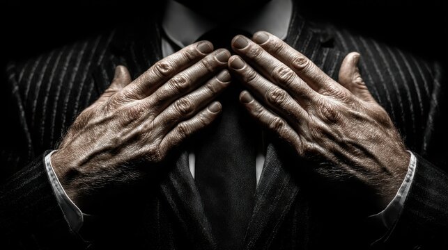 Man in suit covers his chest with weathered hands, a gesture of defensiveness or guilt, perhaps contemplating misconduct in a dark, low-key setting
