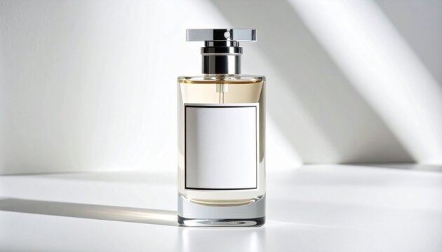 Clear glass perfume bottle with gold nozzle and white label on white surface with diagonal shadows.