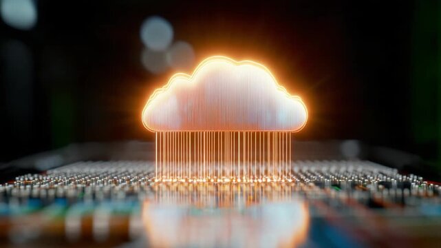 Cloud Computing Concept: A digital representation of cloud computing is presented, with a luminous cloud symbol emitting glowing lines, symbolizing data transfer or connection.