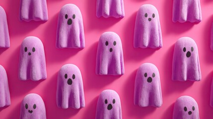 Creative flat lay pink Halloween scene with several cute cartoon ghosts on a matching pink background, making a fun, minimal, and colorful pattern