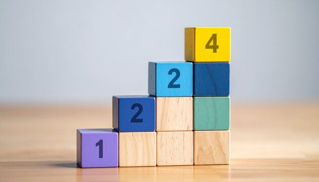 Stacked wooden blocks with numbered colored cubes showing ascending sequence.