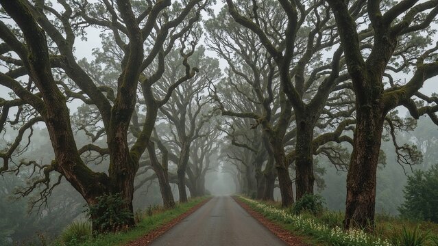 A rural road lined with ancient, twisted oak trees, creating a canopy overhead with misty, atmospheric surroundings.
