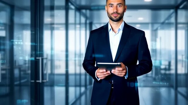 A formally dressed man holds a tablet in a modern office setting, possibly involved in data analysis