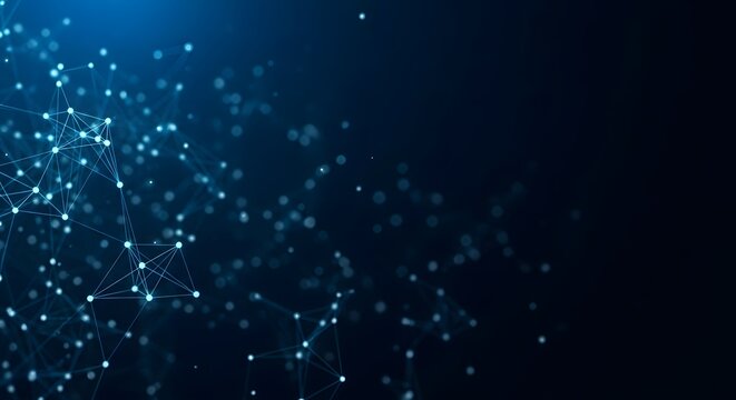 Abstract glowing digital network of interconnected dots and lines on a dark blue background