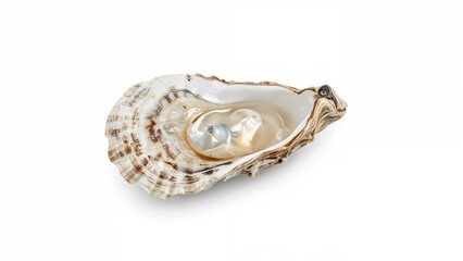 Oyster shell with pearl inside, close-up image.