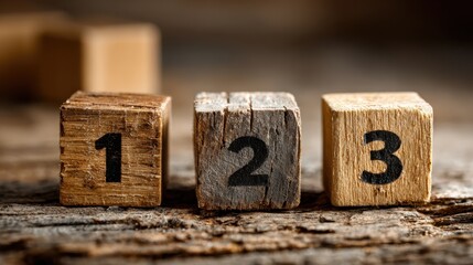 Task priority displayed by numbered wooden cubes, first to third is shown for workflow management
